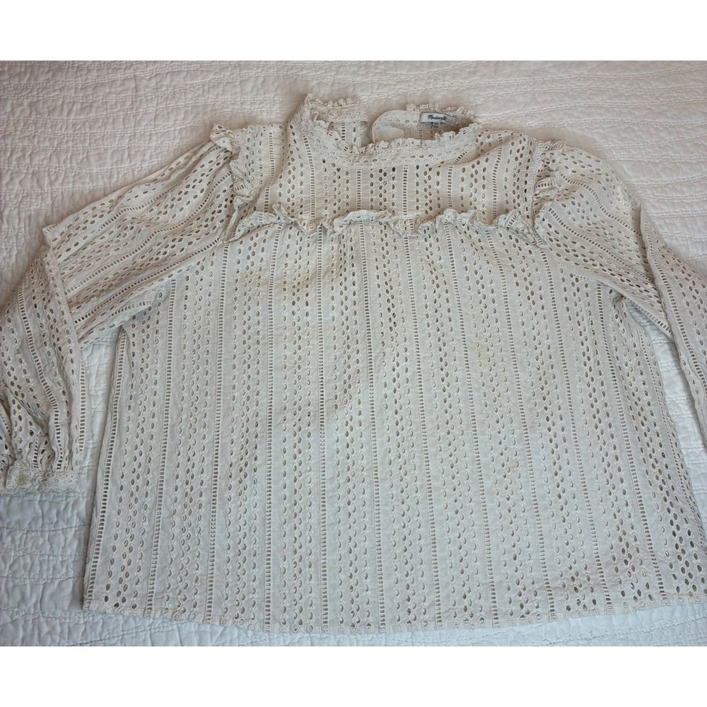 Madewell Eyelet Top Women XXL Ivory Ruffle Tie Back Long Sleeve Cotton Cottage